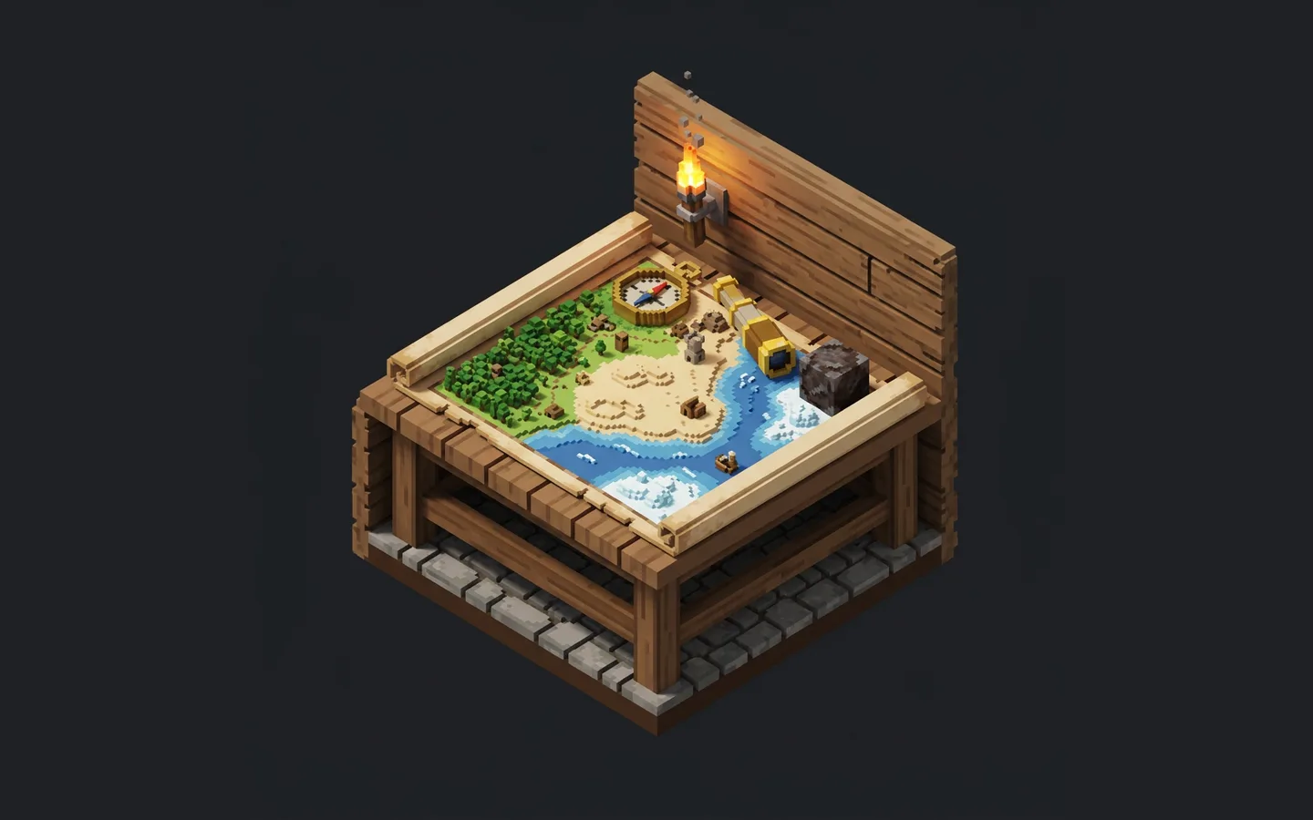 Een cartografietafel met een ontdekkingskaart, een kompas en een verrekijker